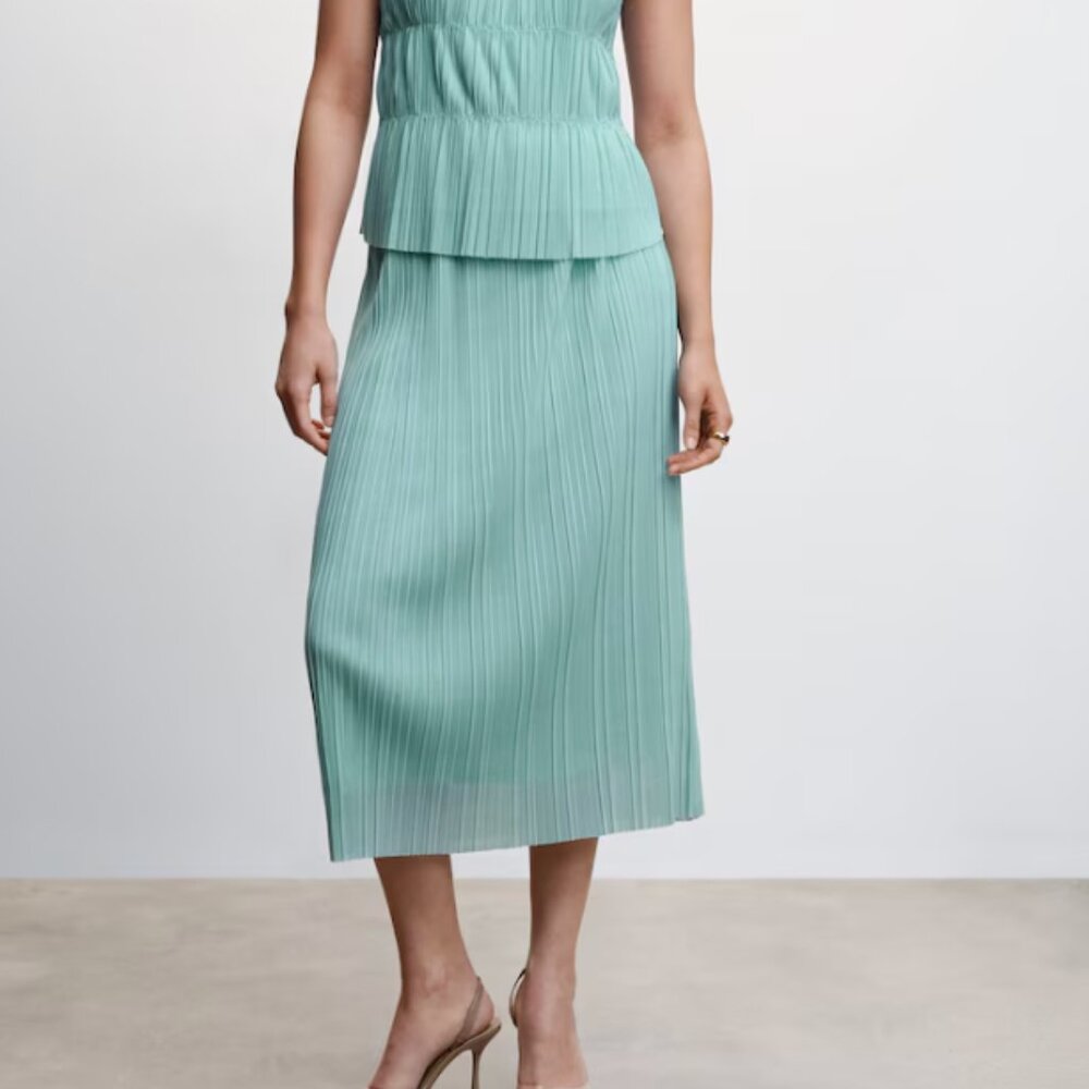 Mango - Seafoam Green Midi Pleated Pencil Skirt - Size L NWT